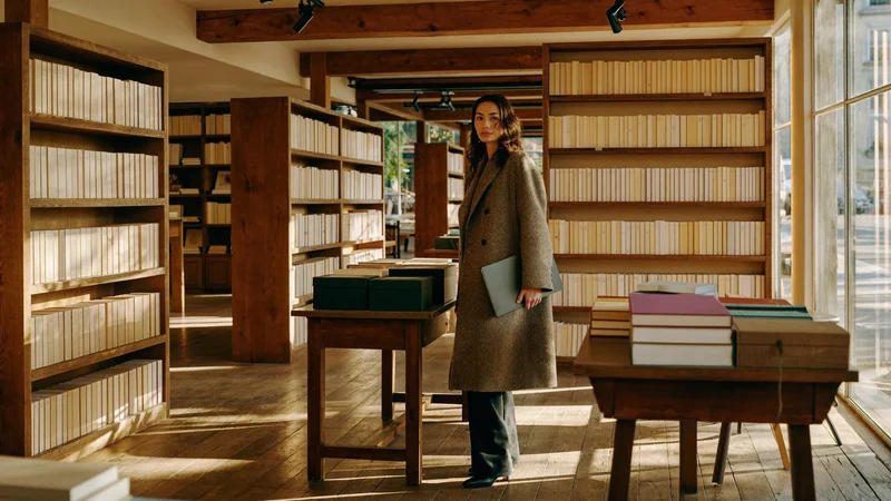 Intérieur illustré d'une librairie indépendante avec étagères en bois et table de carnets