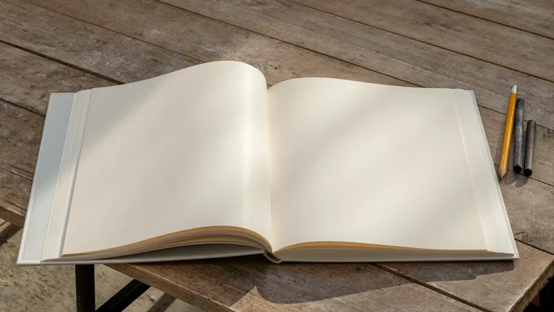 Grand cahier de dessin ouvert à côté de fusains et d'un crayon