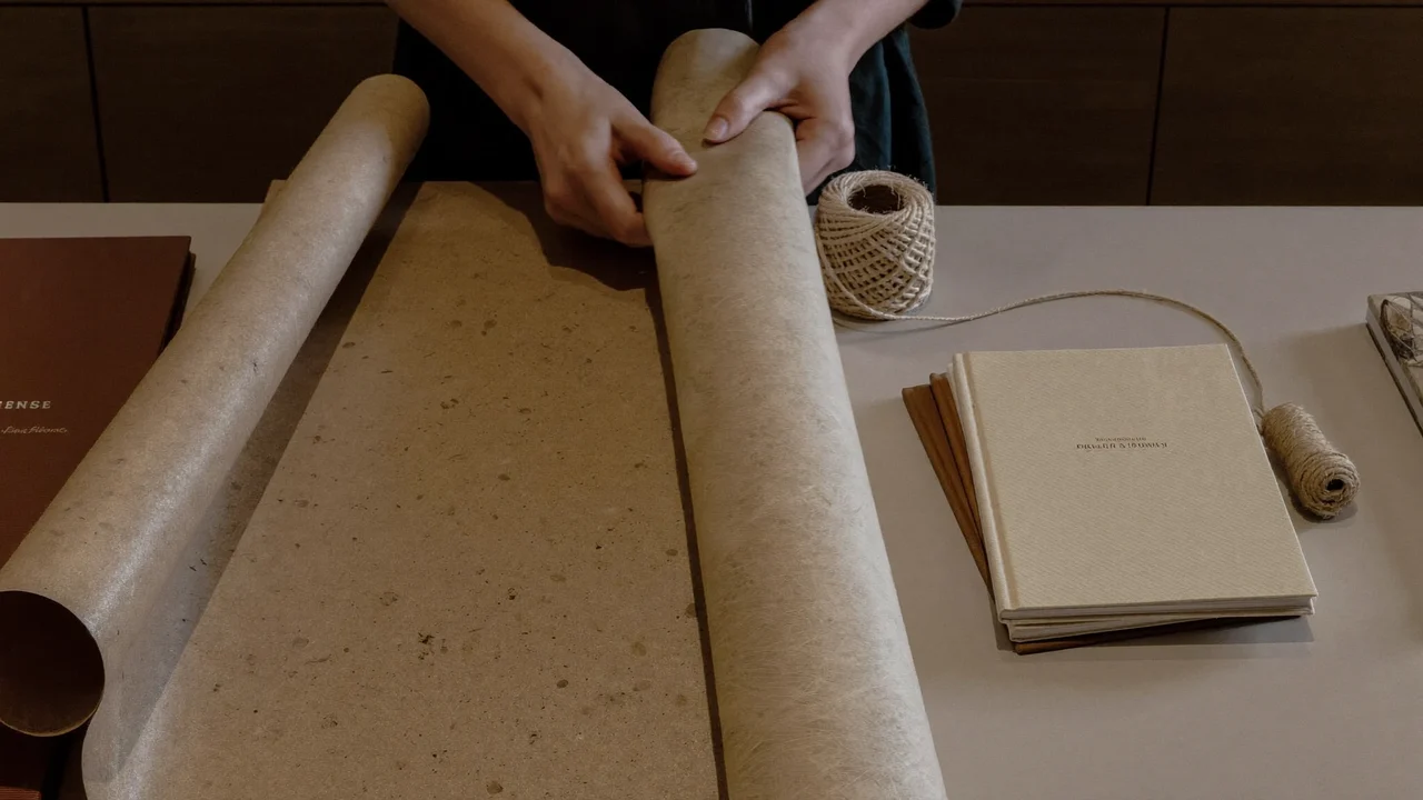 Comptoir illustré où des carnets sont emballés avec papier kraft et ficelle