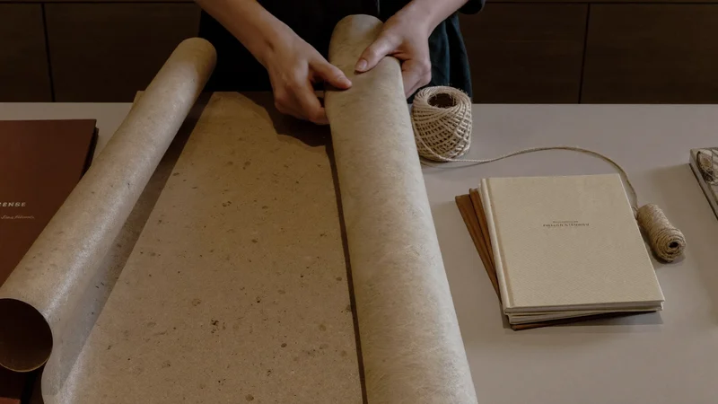 Comptoir illustré où des carnets sont emballés avec papier kraft et ficelle